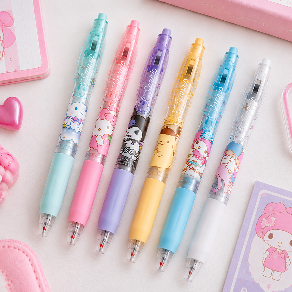 Lot de 6 stylos rétractables Sanrio pastel alignés en diagonale sur fond rose, personnages kawaii Hello Kitty, My Melody, Cinnamoroll, Pompompurin et Kuromi, avec papeterie assortie et cœur décoratif rose