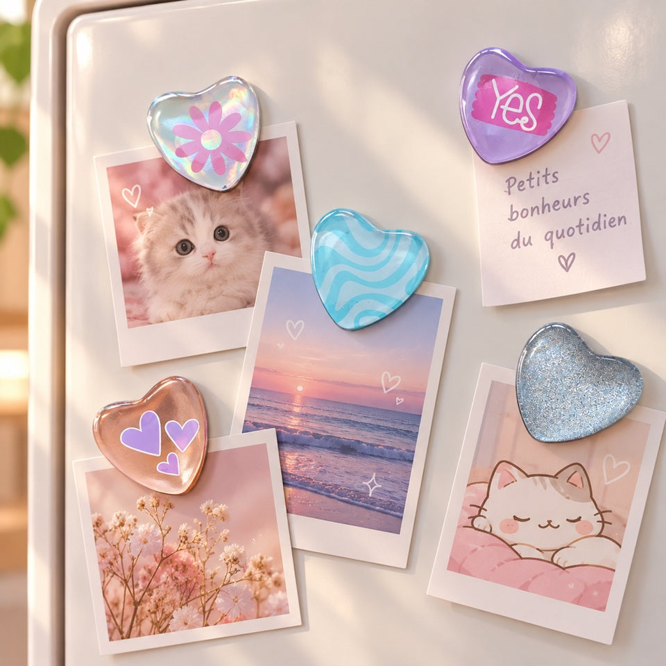 Cinq magnets kawaii en forme de cœur, aux couleurs pastel et aux finitions brillantes, disposés sur un tableau magnétique blanc pour maintenir de jolies photos et petits mots doux. Ces adorables aimants décoratifs présentent différents motifs : fleur rose sur fond holographique, inscription « Yes » sur cœur violet, vagues turquoise, petits cœurs mauves et effet pailleté argenté. Ils maintiennent des photos.