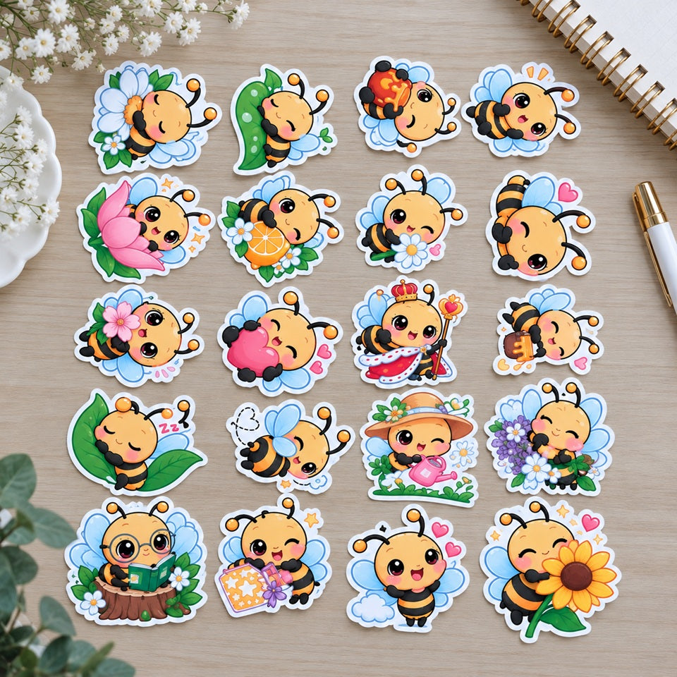 Lot de stickers abeilles kawaii colorés avec fleurs, cœur, miel et scènes adorables, présentés sur un bureau en bois clair.