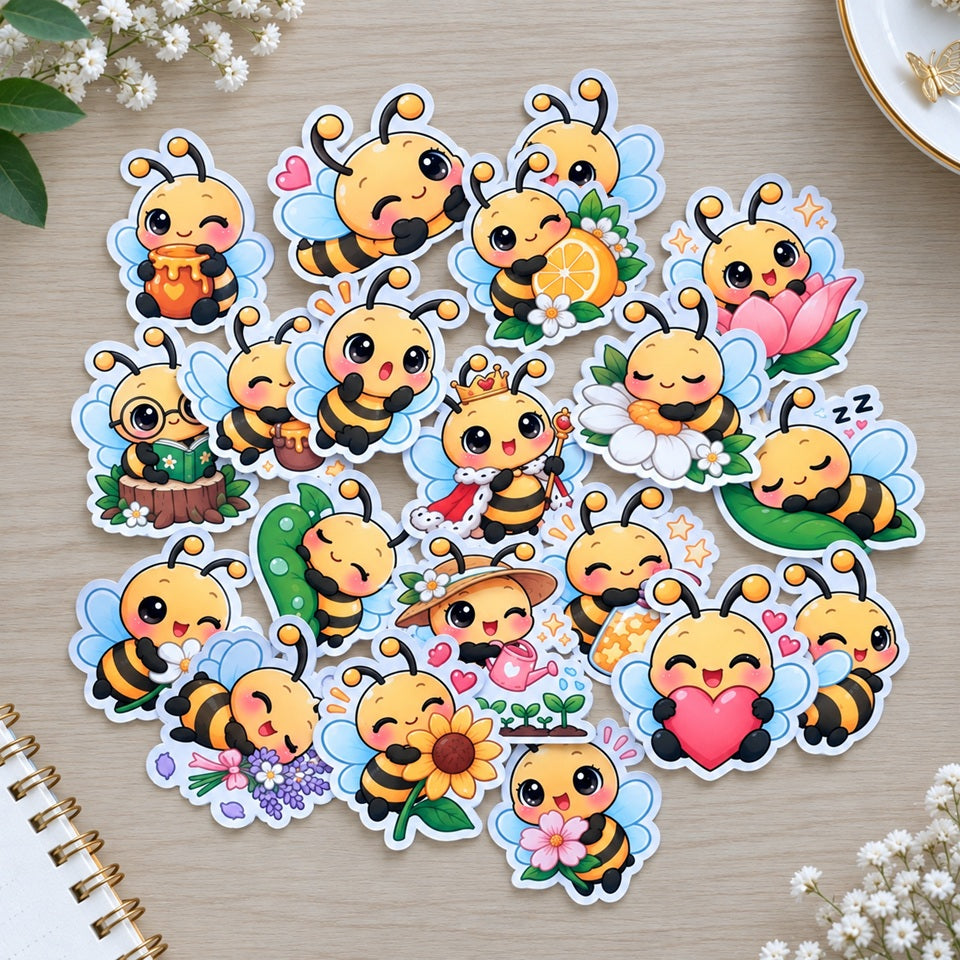 Lot de stickers abeilles kawaii colorés avec fleurs, miel, cœurs et scènes adorables, présentés sur un bureau en bois clair.