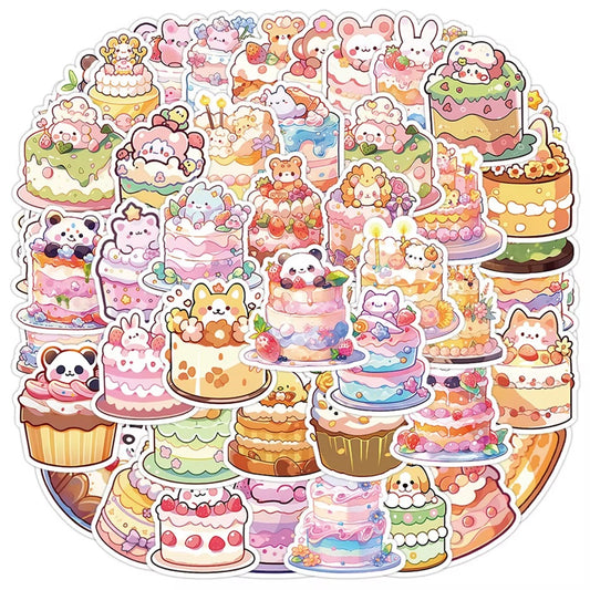 des stickers représentant des gâteaux colorés et gourmands sur lesquels est posé un animal trop mignon façon kawiaii. Idéal pour le scrapbooking !