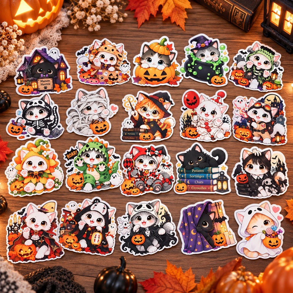 Lot de stickers chats kawaii sur le thème Halloween, avec adorables félins déguisés en sorcière, fantôme, momie et autres costumes, dans un décor automnal.