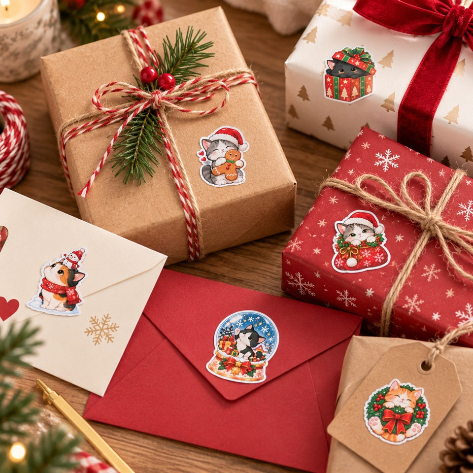 Petits stickers chats de Noël kawaii collés sur des paquets cadeaux, enveloppes et étiquettes, avec motifs de chatons festifs, bonnets de Père Noël et décorations de Noël, présentés sur une table en bois.