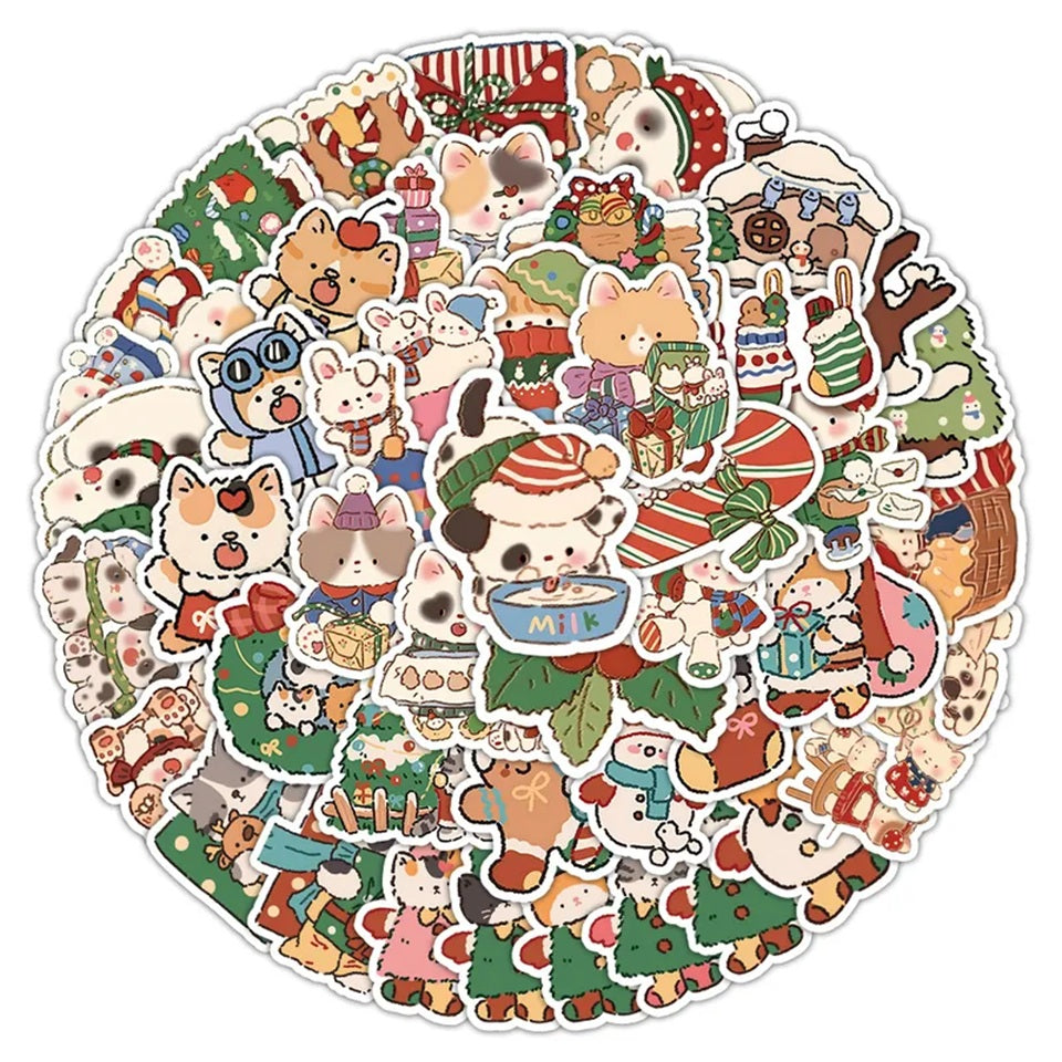 un lot de 20 stickers représentant un ou plusieurs chats autour du thème de Noël. Ils s'amusent avec les décorations de fêtes dans des scènes amusantes et rigolotes.