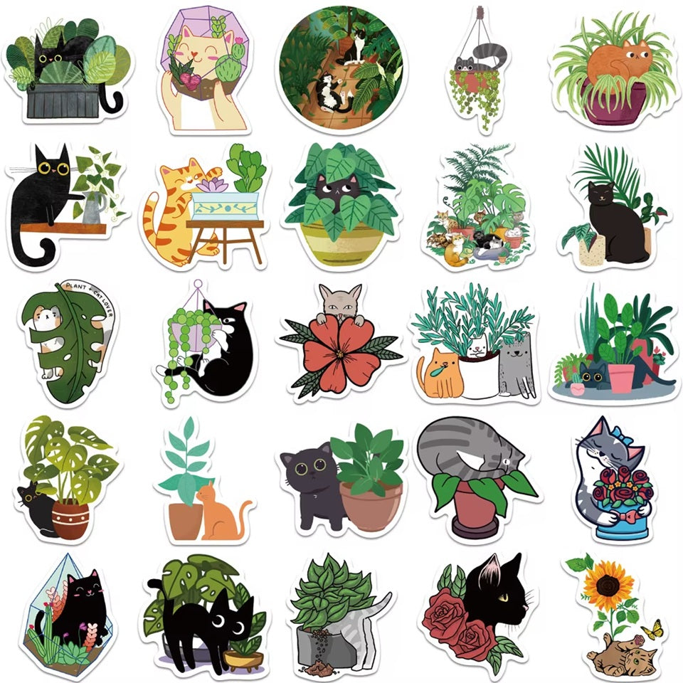 des stickers représentant des chats qui s'amusent et jouent dans des plantes vertes. Malice, mignonnerie et jolis décors de plantes idéals pour le scrapbooking.