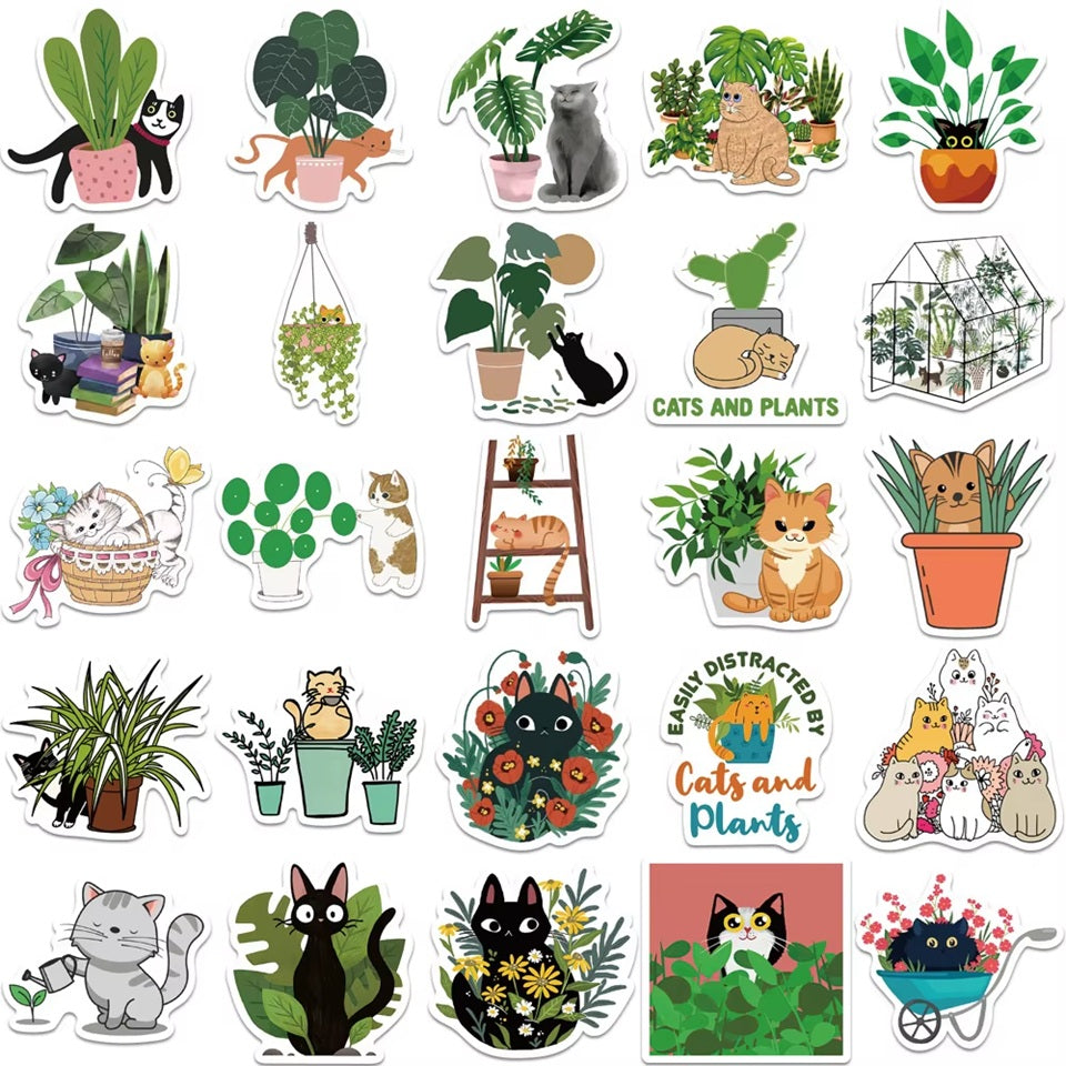 des stickers représentant des chats qui s'amusent et jouent dans des plantes vertes. Malice, mignonnerie et jolis décors de plantes idéals pour le scrapbooking.
