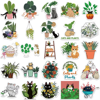 des stickers représentant des chats qui s'amusent et jouent dans des plantes vertes. Malice, mignonnerie et jolis décors de plantes idéals pour le scrapbooking.
