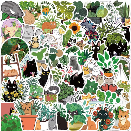 des stickers représentant des chats qui s'amusent et jouent dans des plantes vertes. Malice, mignonnerie et jolis décors de plantes idéals pour le scrapbooking.