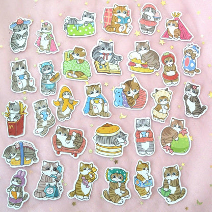 un lot de stickers de chats tigrés dans des poses et scènes cocasses et trop mignonnes.