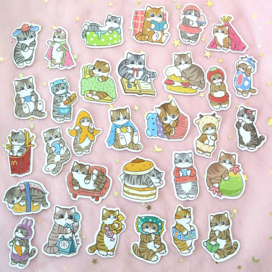 un lot de stickers de chats tigrés dans des poses et scènes cocasses et trop mignonnes.