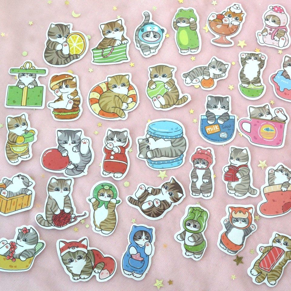 un lot de stickers de chats tigrés dans des poses et scènes cocasses et trop mignonnes.