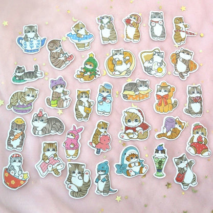 un lot de stickers de chats tigrés dans des poses et scènes cocasses et trop mignonnes.