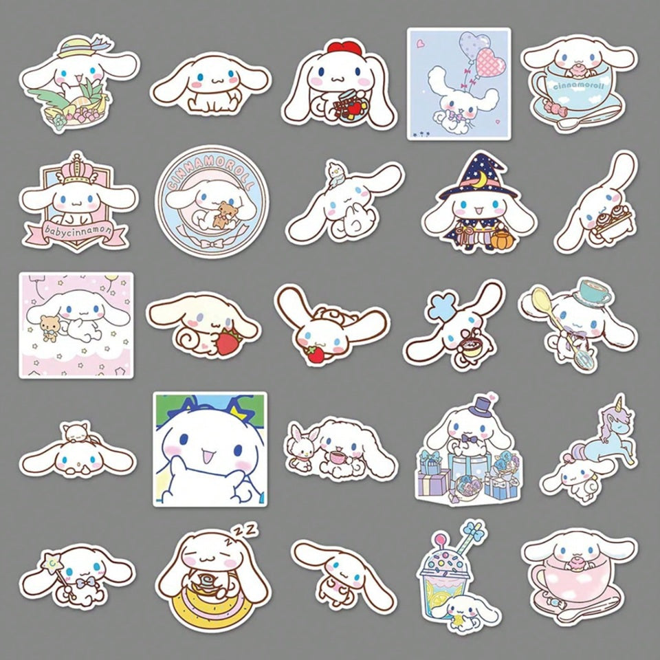 un lot de 20 stickers inspirés de Cinnamoroll. Couleurs bleus pastels et design ultra mignon