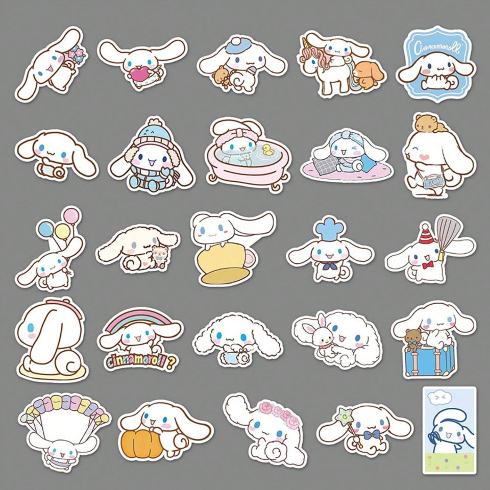 un lot de 20 stickers inspirés de Cinnamoroll. Couleurs bleus pastels et design ultra mignon