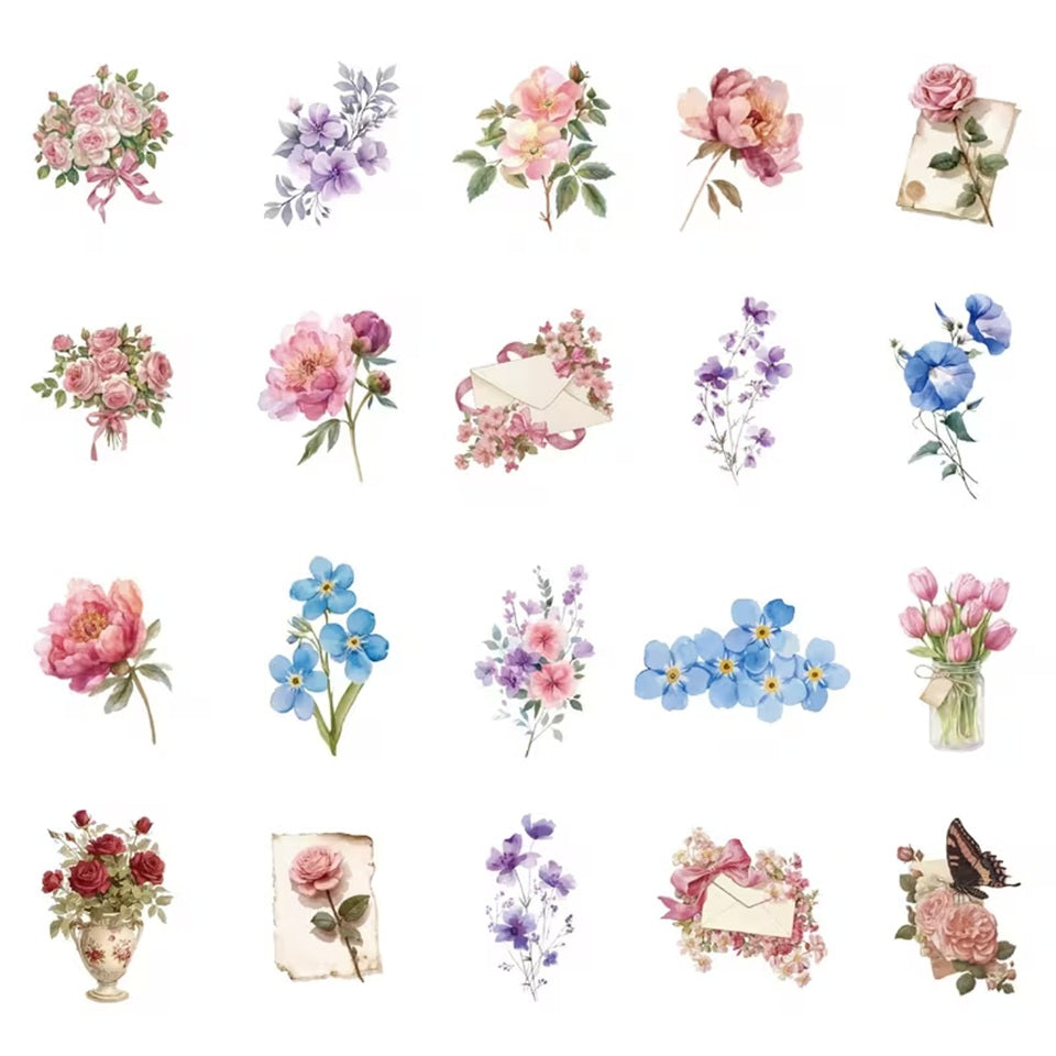 un lot de stickers représentant diverses fleurs de couleurs et formes variées. En rose, bleu, violet, jaune, rouge ou orange, ils ajoutent une douce touche florale.