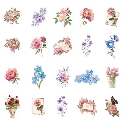 un lot de stickers représentant diverses fleurs de couleurs et formes variées. En rose, bleu, violet, jaune, rouge ou orange, ils ajoutent une douce touche florale.
