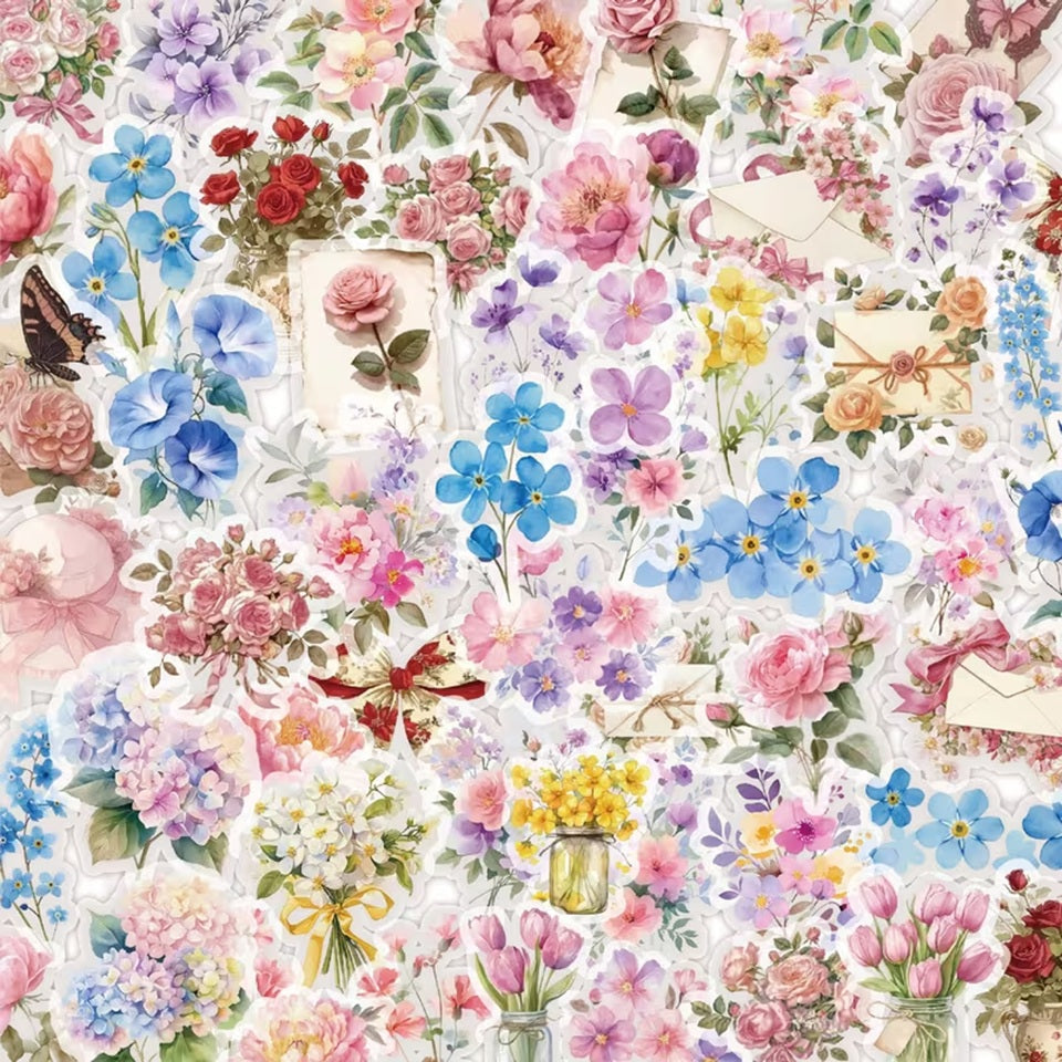 un lot de stickers représentant diverses fleurs de couleurs et formes variées. En rose, bleu, violet, jaune, rouge ou orange, ils ajoutent une douce touche florale.