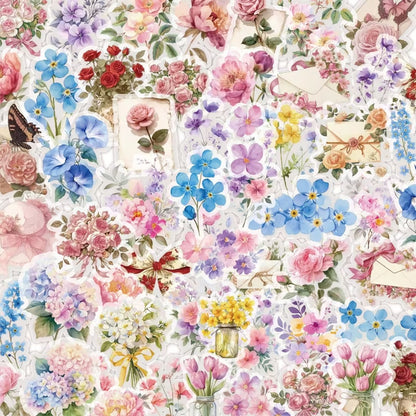 un lot de stickers représentant diverses fleurs de couleurs et formes variées. En rose, bleu, violet, jaune, rouge ou orange, ils ajoutent une douce touche florale.