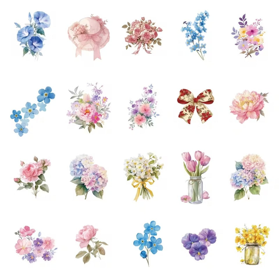 un lot de stickers représentant diverses fleurs de couleurs et formes variées. En rose, bleu, violet, jaune, rouge ou orange, ils ajoutent une douce touche florale.