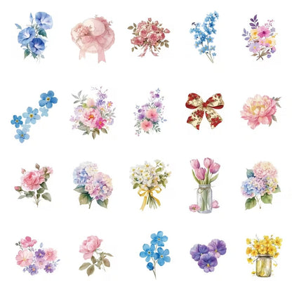 un lot de stickers représentant diverses fleurs de couleurs et formes variées. En rose, bleu, violet, jaune, rouge ou orange, ils ajoutent une douce touche florale.