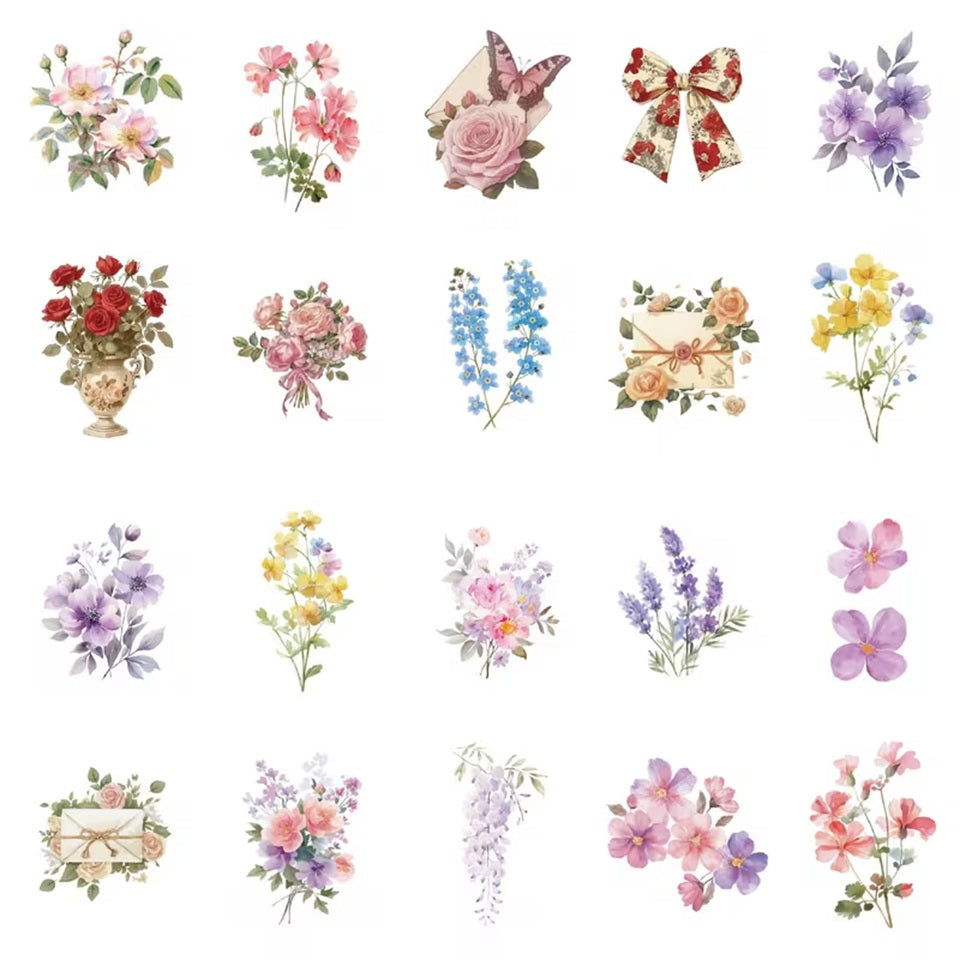 un lot de stickers représentant diverses fleurs de couleurs et formes variées. En rose, bleu, violet, jaune, rouge ou orange, ils ajoutent une douce touche florale.
