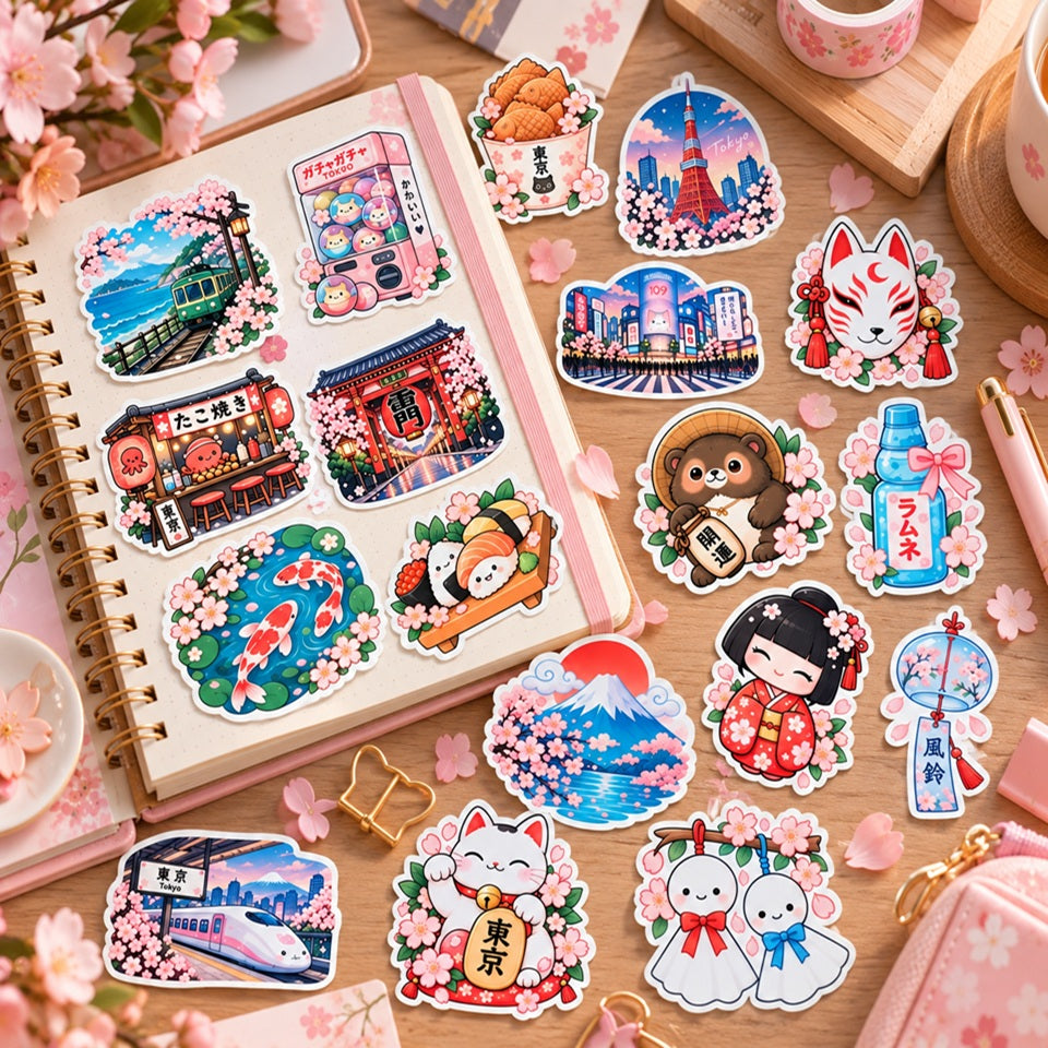 Stickers kawaii sur le thème du Japon et de Tokyo avec sakura, Mont Fuji, maneki neko et carpes koï, décorant un carnet et un bureau.