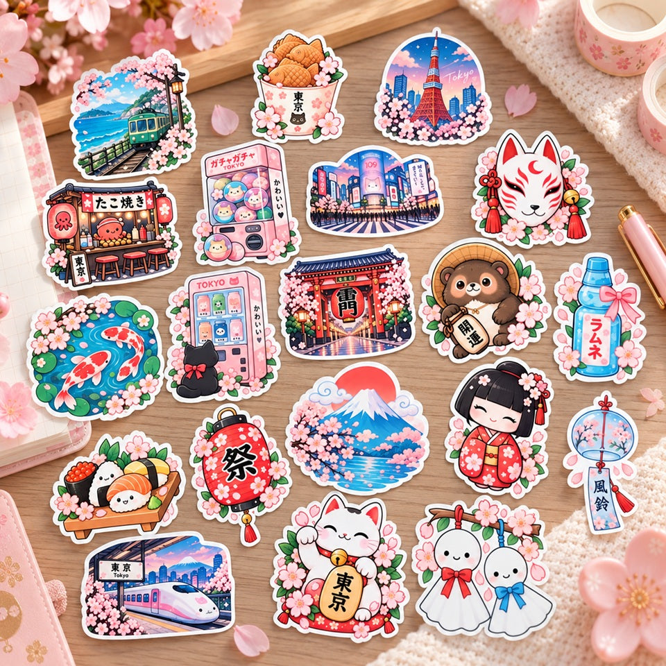 Stickers kawaii inspirés du Japon avec sakura, Mont Fuji, Tokyo, maneki neko, kitsune, carpes koï et spécialités japonaises, présentés dans un décor fleuri.