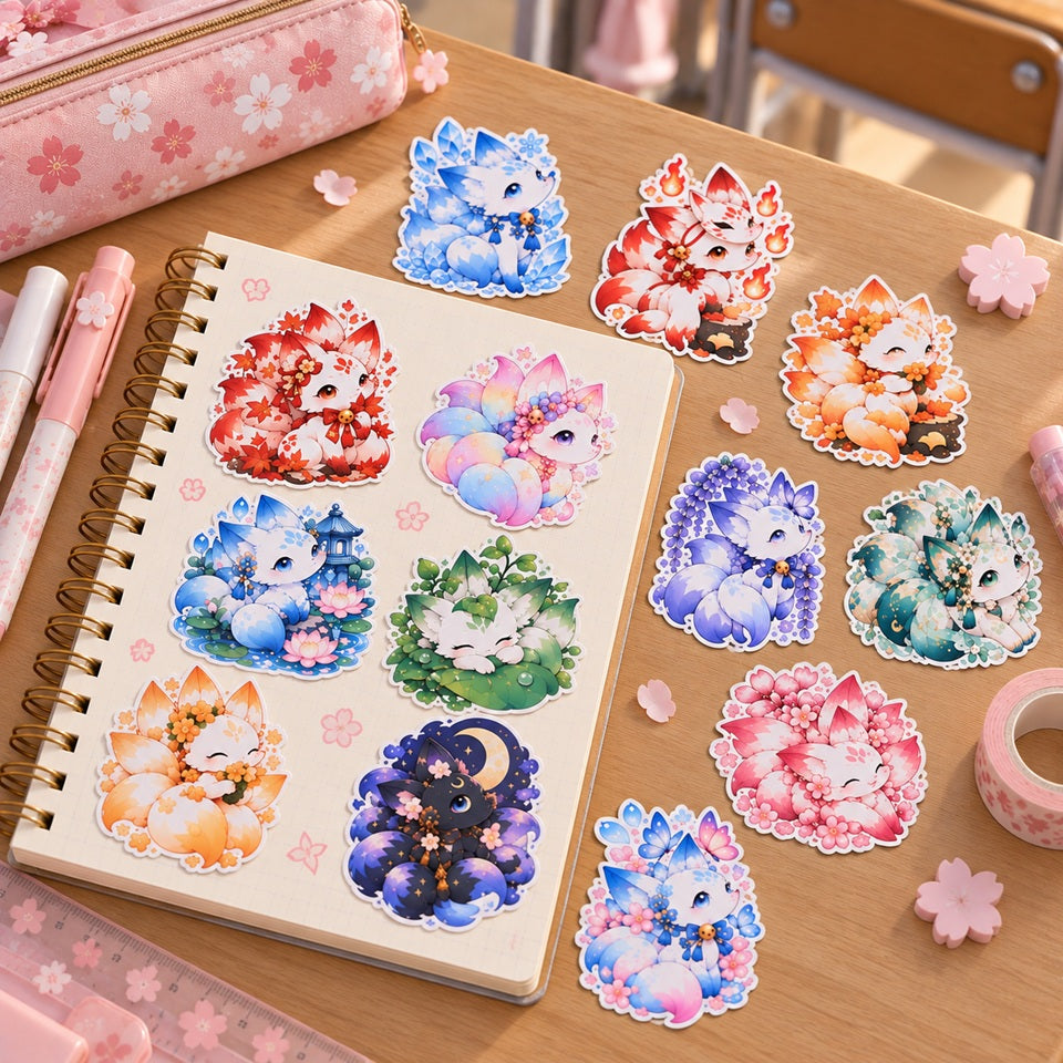 Stickers kitsune kawaii colorés inspirés du Japon, décorant un carnet sur un bureau d’écolière avec papeterie rose et accessoires fleuris.