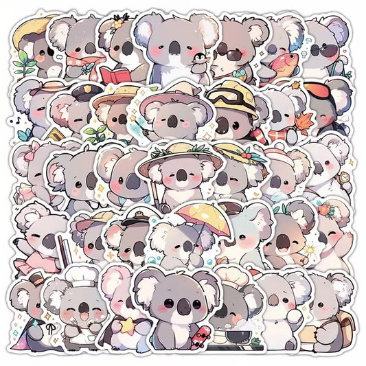 des stickers représentant un koala gris dans différentes scènes de la vie quotidienne. expressions douces et tendres, idéal pour le scrapbooking