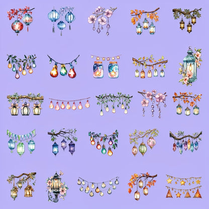 des stickers en forme de lanternes diverses et colorées (lampions, ampoules, coeurs, lanternes chinoises etc...)pour apporter une touche lumineuse et romantique à vos projets.