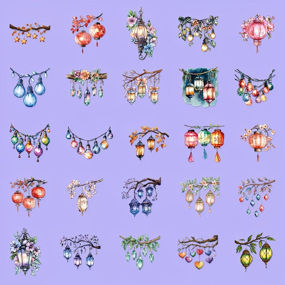 des stickers en forme de lanternes diverses et colorées (lampions, ampoules, coeurs, lanternes chinoises etc...)pour apporter une touche lumineuse et romantique à vos projets.