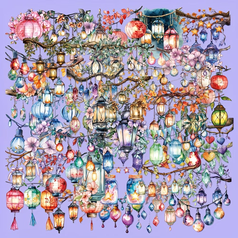 des stickers en forme de lanternes diverses et colorées (lampions, ampoules, coeurs, lanternes chinoises etc...)pour apporter une touche lumineuse et romantique à vos projets.