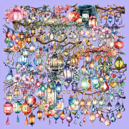 des stickers en forme de lanternes diverses et colorées (lampions, ampoules, coeurs, lanternes chinoises etc...)pour apporter une touche lumineuse et romantique à vos projets.