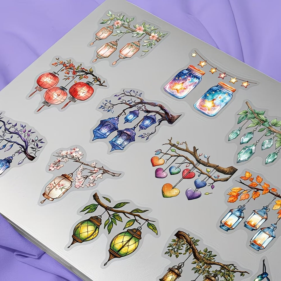 des stickers en forme de lanternes diverses et colorées (lampions, ampoules, coeurs, lanternes chinoises etc...)pour apporter une touche lumineuse et romantique à vos projets.