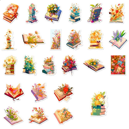 un lot de stickers en forme de livres ouverts d'où sortent des fleurs de différentes tailles, styles et couleurs. Une jolie connotation poétique et romantique dans laquelle l'imagination est reine.