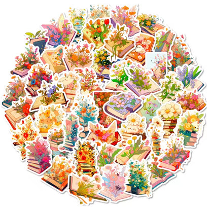 un lot de stickers en forme de livres ouverts d'où sortent des fleurs de différentes tailles, styles et couleurs. Une jolie connotation poétique et romantique dans laquelle l'imagination est reine.