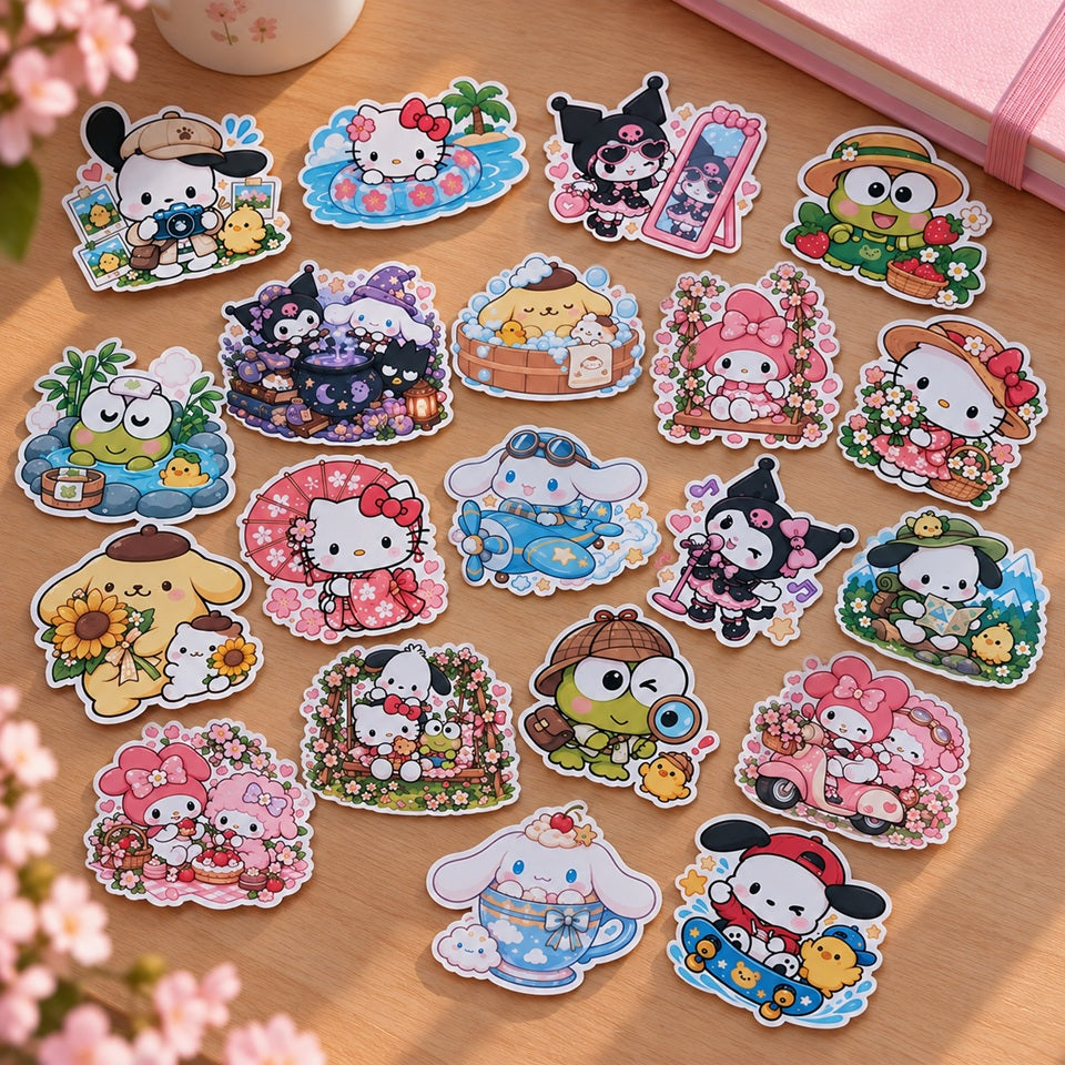 Stickers kawaii Sanrio colorés avec Hello Kitty, Kuromi, Cinnamoroll, My Melody, Pochacco, Keroppi et Pompompurin dans des scènes amusantes et adorables.