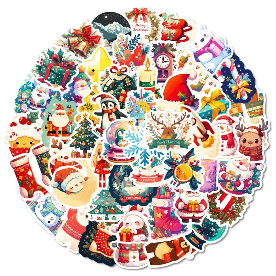 Petits stickers de Noël kawaii festifs représentant Père Noël, sapins, rennes, bonhommes de neige et flocons, parfaits pour personnaliser les emballages cadeaux et embellir les cartes de Noël.
