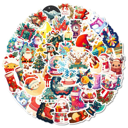 Petits stickers de Noël kawaii festifs représentant Père Noël, sapins, rennes, bonhommes de neige et flocons, parfaits pour personnaliser les emballages cadeaux et embellir les cartes de Noël.