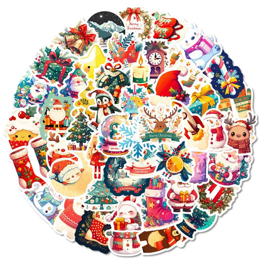Petits stickers de Noël kawaii festifs représentant Père Noël, sapins, rennes, bonhommes de neige et flocons, parfaits pour personnaliser les emballages cadeaux et embellir les cartes de Noël.