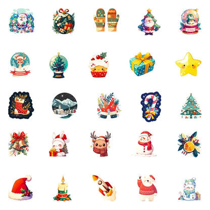 Petits stickers de Noël kawaii festifs représentant Père Noël, sapins, rennes, bonhommes de neige et flocons, parfaits pour personnaliser les emballages cadeaux et embellir les cartes de Noël.