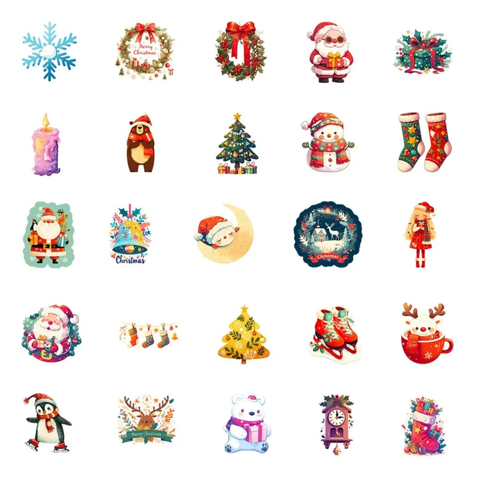 Petits stickers de Noël kawaii festifs représentant Père Noël, sapins, rennes, bonhommes de neige et flocons, parfaits pour personnaliser les emballages cadeaux et embellir les cartes de Noël.