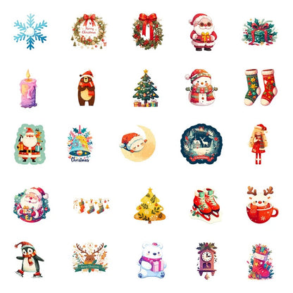 Petits stickers de Noël kawaii festifs représentant Père Noël, sapins, rennes, bonhommes de neige et flocons, parfaits pour personnaliser les emballages cadeaux et embellir les cartes de Noël.