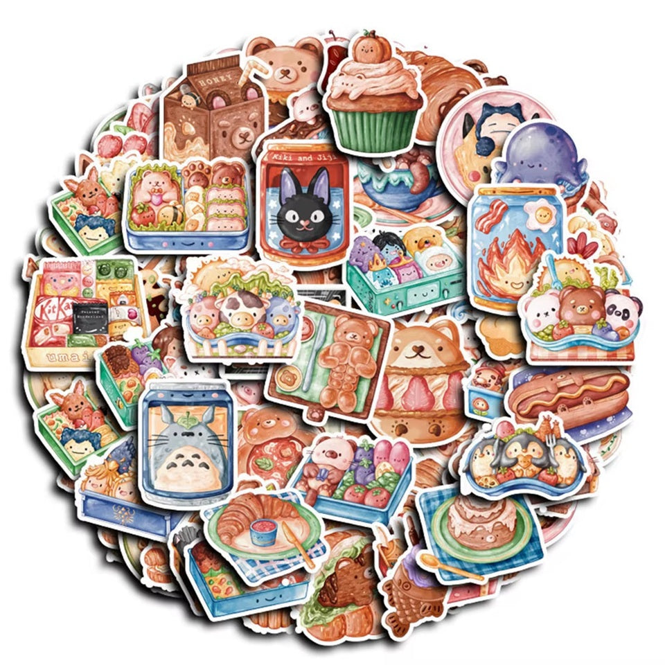 des stickers représentant des viennoiseries gourmandes, des bentos, des plats, des snacks en version kawaii, pleines de gourmandises délicieuses.