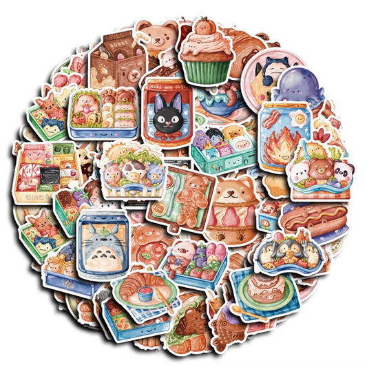 des stickers représentant des viennoiseries gourmandes, des bentos, des plats, des snacks en version kawaii, pleines de gourmandises délicieuses.