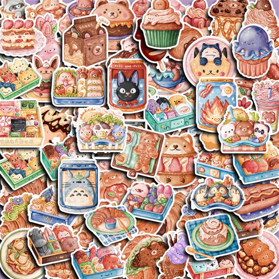 des stickers représentant des viennoiseries gourmandes, des bentos, des plats, des snacks en version kawaii, pleines de gourmandises délicieuses.