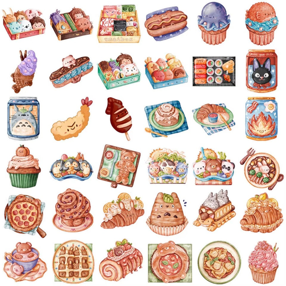 des stickers représentant des viennoiseries gourmandes, des bentos, des plats, des snacks en version kawaii, pleines de gourmandises délicieuses.