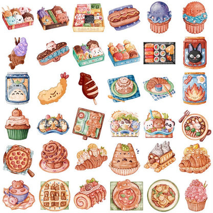 des stickers représentant des viennoiseries gourmandes, des bentos, des plats, des snacks en version kawaii, pleines de gourmandises délicieuses.