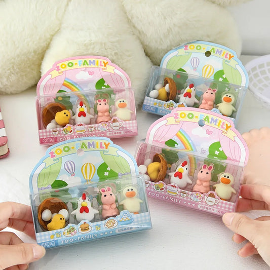 un lot de 4 gommes animaux de la ferme : poule, poussin et oeuds, lapin et canard. Formes originales et adorables