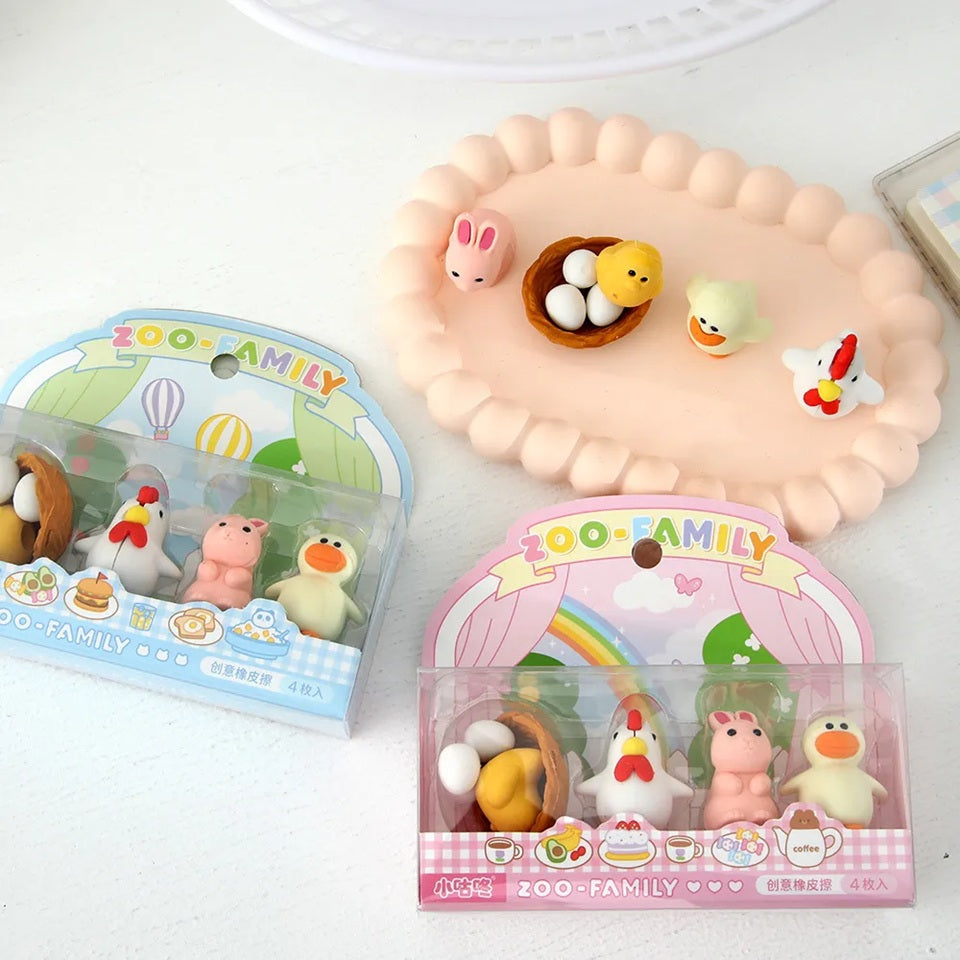 un lot de 4 gommes animaux de la ferme : poule, poussin et oeuds, lapin et canard. Formes originales et adorables